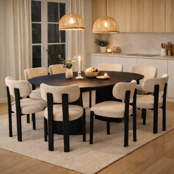 Matgrupp Crossby f�rl�ngbart bord �120-200cm i svartbetsad ek med 8st Callum matstol i beige tyg