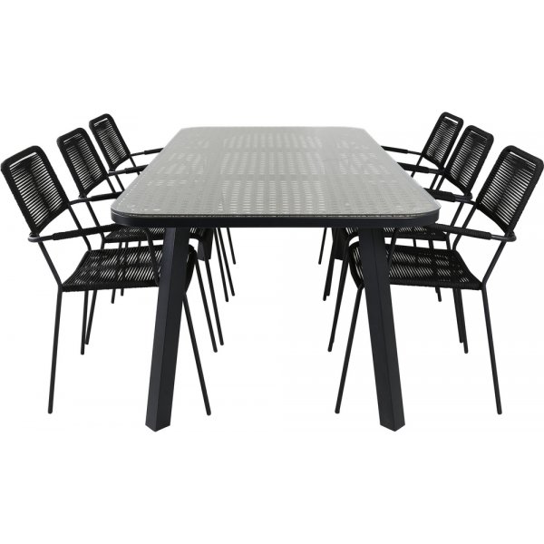 Paola utematgrupp med 6 st Lindos karmstolar - Svart Paola utematgrupp med 6 st Lindos karmstolar - Svart