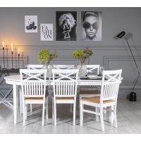 Gåsö matgrupp: Bord 160/210 cm inklusive 6 Fårö stolar med kryss - Vit/Ek Gåsö matgrupp: Bord 160/210 cm inklusive 6 Fårö stolar med kryss - Vit/Ek