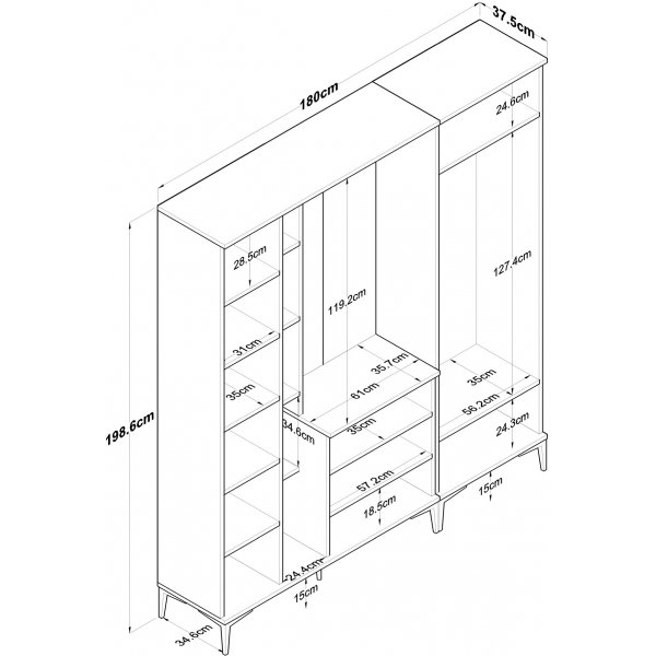 Meuble d\\\'entrée Esa 180 x 37,5 x 198,6 cm Variante A - Noyer/blanc Meuble d\\\'entrée Esa 180 x 37,5 x 198,6 cm Variante A - Noyer/blanc