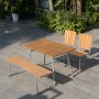 Mllan utegrupp i teak: 2 st stolar med bnk och matbord 120x80 cm