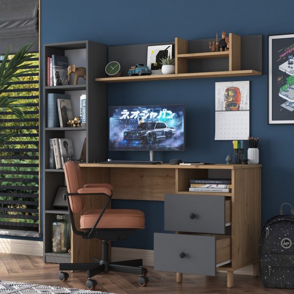 Bureau Hanna avec systme d\\\'tagres 15, 120 x 50 cm - Noyer/anthracite