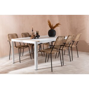 Togo utematgrupp med 6 st Lindos karmstolar - Beige/Svart/Teak