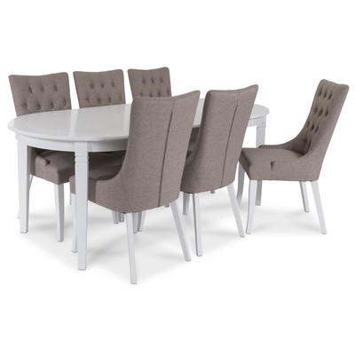 Sandhamn Matgrupp ovalt bord med 6 st Saga stolar i Beige tyg