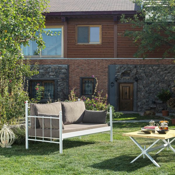 Lalas 2-sits utesoffa - Vit/brun + Textilrengöring för möbler Lalas 2-sits utesoffa - Vit/brun + Textilrengöring för möbler