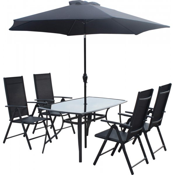 Bjurvik matgrupp; bord med 4 st stolar plus parasol By Martinsen - Svart