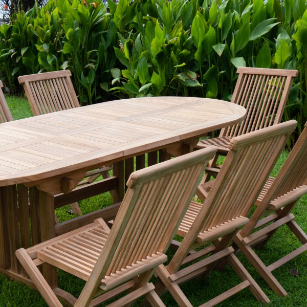 Teakgrupp; matbord med tta stolar - Salt