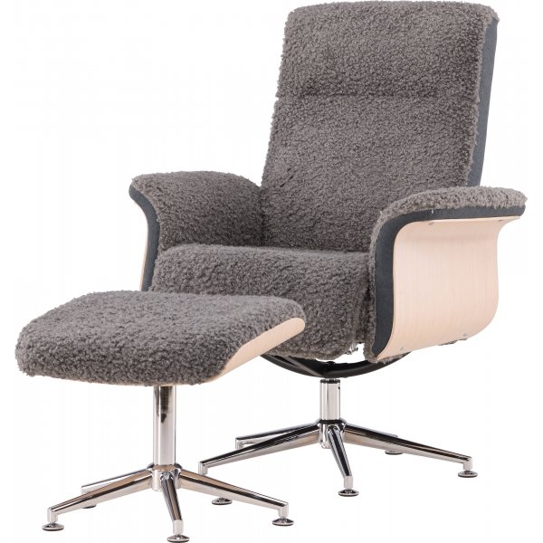 Reclinerfåtölj med fotpall - Grå fårskinnsimitation/whitewash ek + Fläckborttagare för möbler Reclinerfåtölj med fotpall - Grå fårskinnsimitation/whitewash ek + Fläckborttagare för möbler