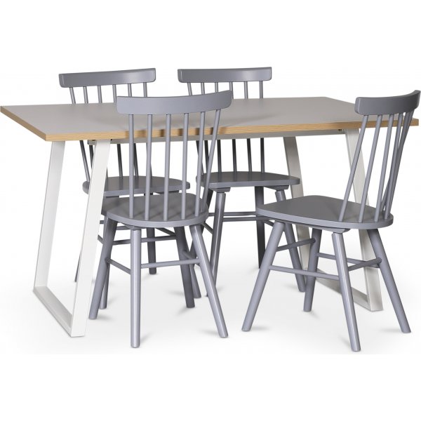 Edge matgrupp; Matbord i vit HPL 140x90 cm med 4 st gra Orust pinnstolar