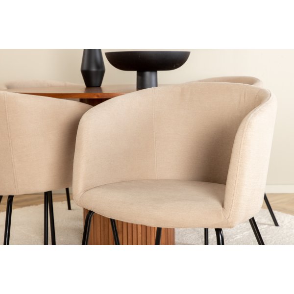 Bianca Matgrupp runt valnöt matbord med 4 st Berit beige polyesterlinne stolar Bianca Matgrupp runt valnöt matbord med 4 st Berit beige polyesterlinne stolar