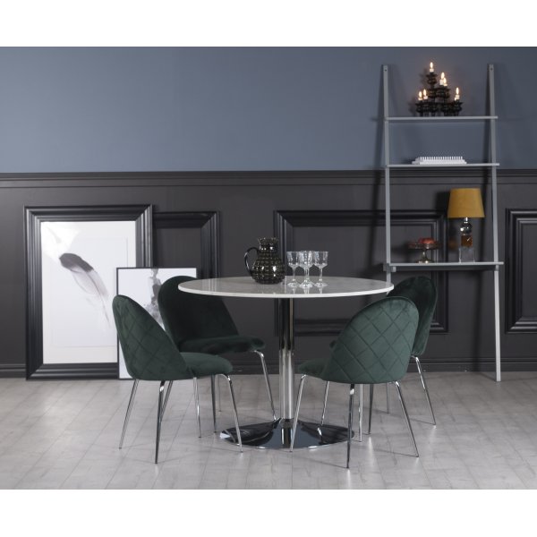 Plaza matgrupp, marmorbord med 4 st Plaza sammetsstolar - Grn/Vit/Krom