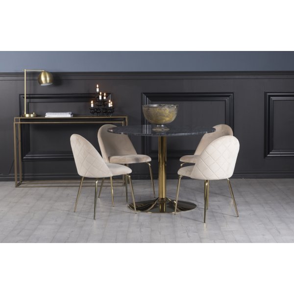 Plaza matgrupp, marmorbord med 4 st Plaza sammetsstolar - Beige/Gr/Mssing