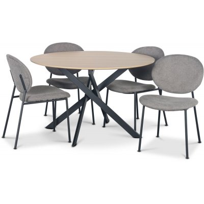 Hogrän matgrupp Ø120 cm bord i ljust trä + 4 st Tofta grå stolar