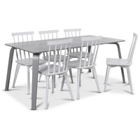 Visby matgrupp, 180 cm grått bord med 6 st vita Linköping Pinnstolar Visby matgrupp, 180 cm grått bord med 6 st vita Linköping Pinnstolar