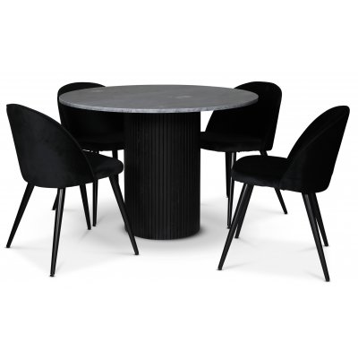 Decibel matgrupp; runt matbord i grå marmor + 4 st Alice stolar svart sammet