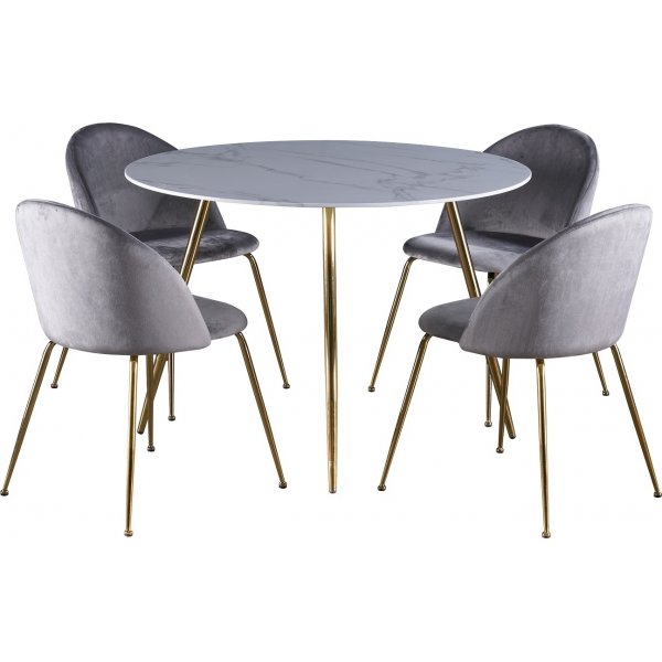 Deco matgrupp 110 cm runt bord + 4 st Art stolar gr sammet / Mssing