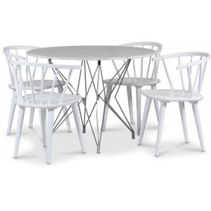 Groupe de repas Zoo 105 cm incl. 4 Chaises cantilever blanches Dalsland - Chrome / Marbre clair