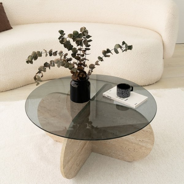 Table basse Bubble Ø75 cm - Travertin/verre fumé Table basse Bubble Ø75 cm - Travertin/verre fumé
