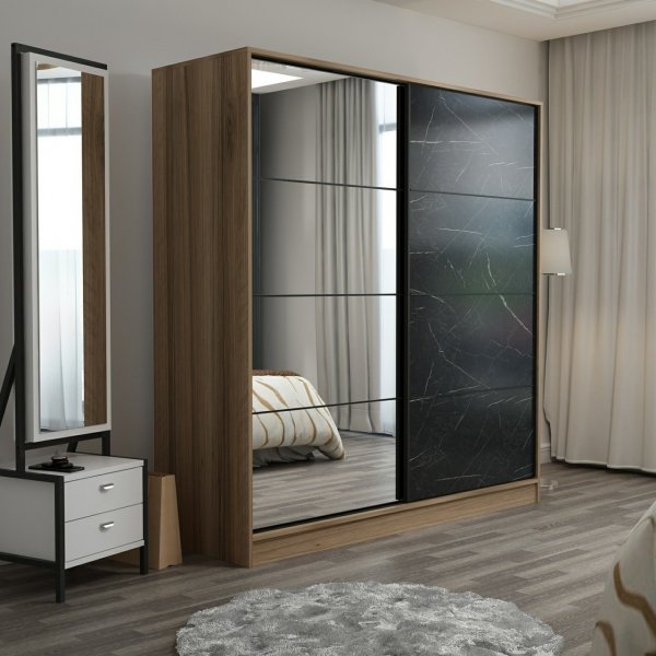 Armoire Kapusta avec porte miroir, 220x52x210 cm - Marron/noir