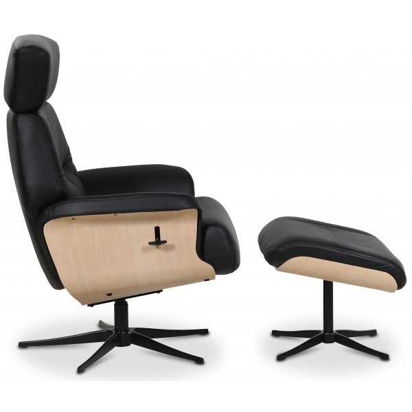 Marbäck reclinerfåtölj med fotpall - Svart läder / Trä Marbäck reclinerfåtölj med fotpall - Svart läder / Trä