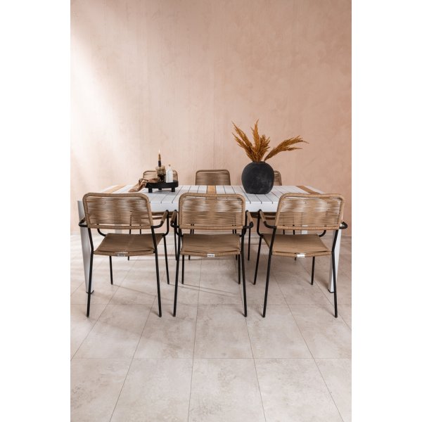 Togo utematgrupp med 6 st Lindos karmstolar - Beige/Svart/Teak Togo utematgrupp med 6 st Lindos karmstolar - Beige/Svart/Teak