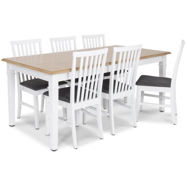 Ramns matgrupp - Bord inklusive 6 st Alice matstolar med gr sits - Vit/ekbets