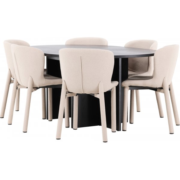 Matbord Strada med 6 st Astoria stolar - Beige/svart + 6.00 x Stolsdyna