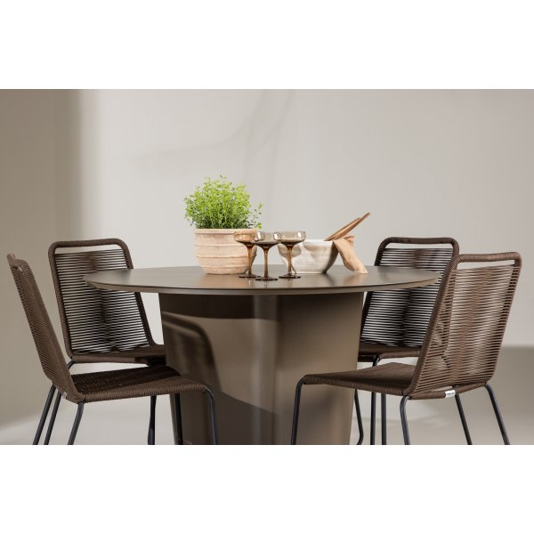 Santa Fe rund matgrupp med 4 st Lindos stolar - Brun/svart + 4.00 x Stolsdyna