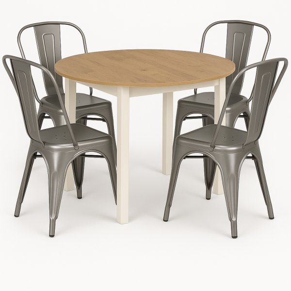 Matgrupp Berivan 102142 cm ek/vit med 4 st Industry stolar i borstat stl