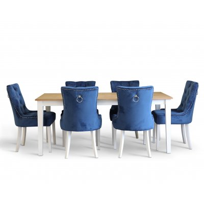 Dalsland matgrupp: Matbord i vit / ek med 6 st Tuva stolar i bl sammet