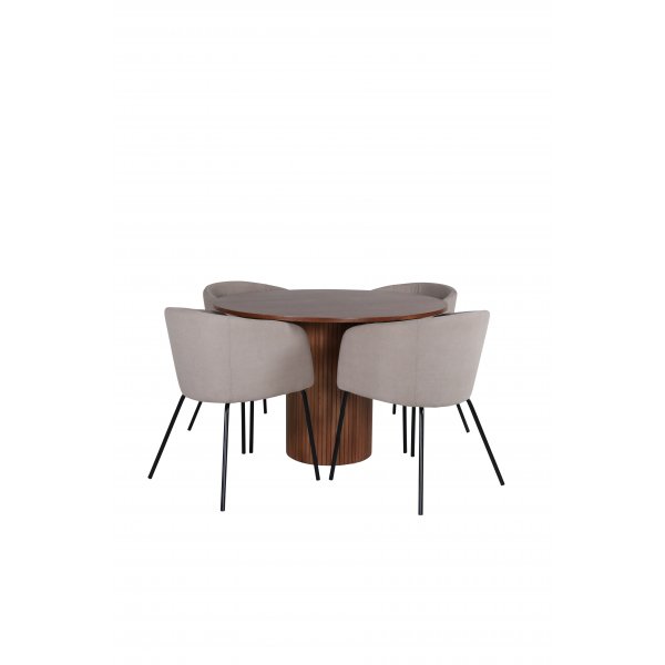 Bianca Matgrupp runt valnöt matbord med 4 st Berit beige polyesterlinne stolar Bianca Matgrupp runt valnöt matbord med 4 st Berit beige polyesterlinne stolar