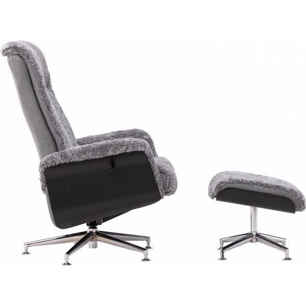 Ulla f�t�lj med fotpall i f�rskinn - Gr� / Svartbets / Krom + Textilreng�ring f�r m�bler