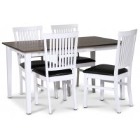 Skagen matgrupp; klassiskt matbord 140x90 cm - Vit / brunoljad ek med 4 st Fårö stolar (Ribbor i ryggen) med svart PU-sits Skagen matgrupp; klassiskt matbord 140x90 cm - Vit / brunoljad ek med 4 st Fårö stolar (Ribbor i ryggen) med svart PU-sits
