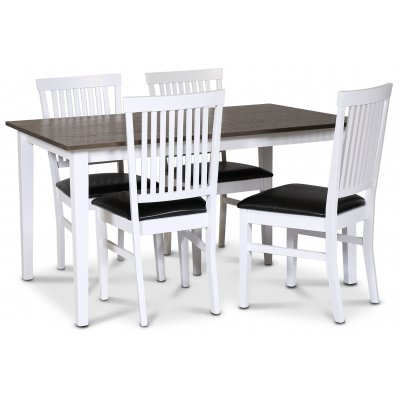 Skagen matgrupp; klassiskt matbord 140x90 cm - Vit / brunoljad ek med 4 st Fr stolar (Ribbor i ryggen) med svart PU-sits