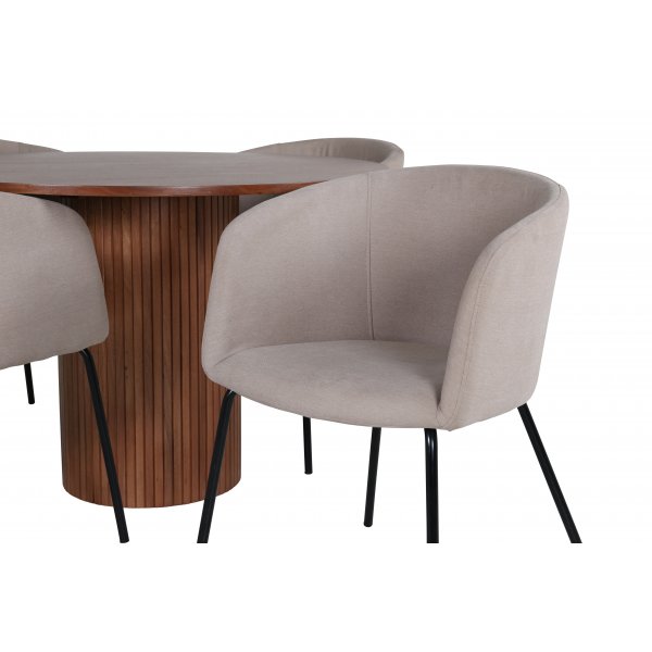 Bianca Matgrupp runt valnt matbord med 4 st Berit beige polyesterlinne stolar
