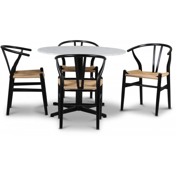 SOHO matgrupp 105 cm inkl. 4 st Brandon karmstolar - Matt svart kryssfot / Ljus marmor