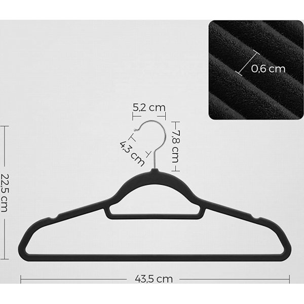 Cintre, velours, 43,5 cm, paquet de 20 - Noir