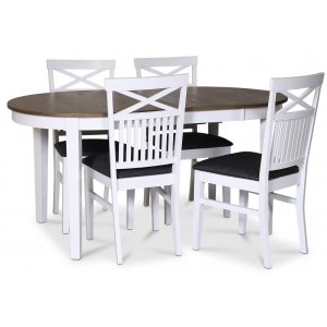 Skagen matgrupp; matbord 160/210x90 cm - Vit / brunoljad ek med 4 st Skagen stolar med kryss, grtt tyg