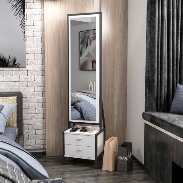 Elegante helkroppspegel med frvaring - Vit