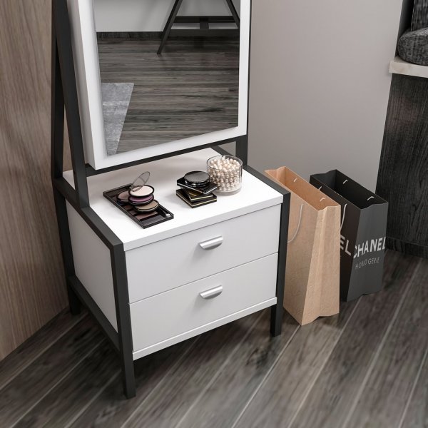 Elegante helkroppspegel med frvaring - Vit