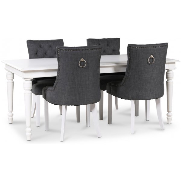 Matgrupp; Bord 180x90 cm med 4 st grå stolar Matgrupp; Bord 180x90 cm med 4 st grå stolar