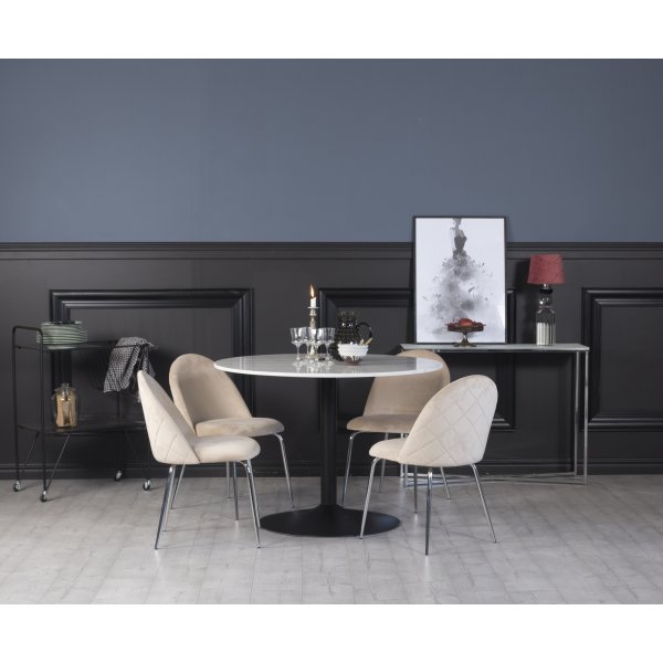 Plaza matgrupp, marmorbord med 4 st Plaza sammetsstolar - Beige/Krom/svart
