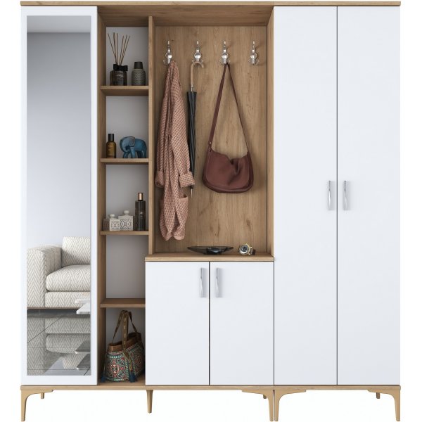 Meuble d\\\'entrée Esa 180 x 37,5 x 198,6 cm Variante A - Noyer/blanc Meuble d\\\'entrée Esa 180 x 37,5 x 198,6 cm Variante A - Noyer/blanc