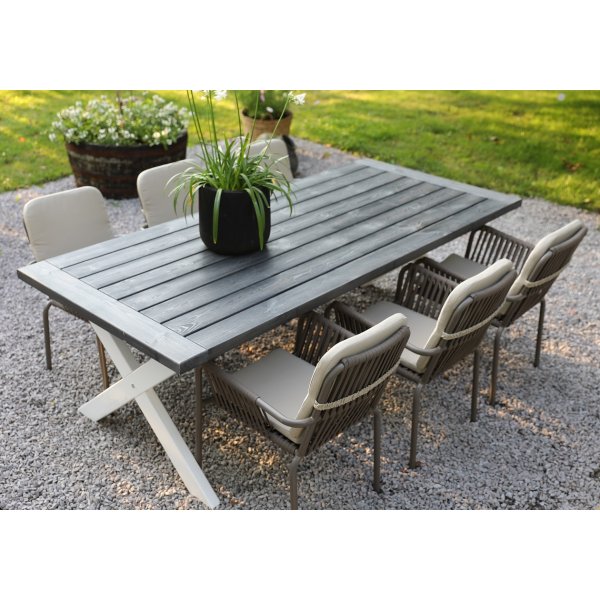 Utematgrupp; gr/vit bord 220 cm med 6 st stapelbara karmstolar
