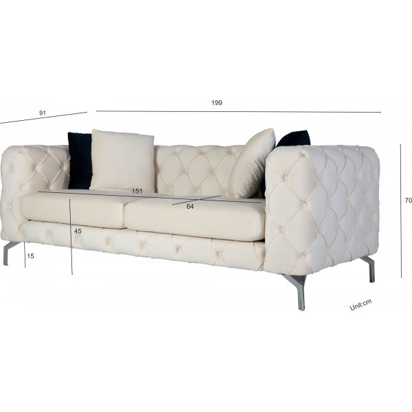 Como 2-zitsbank in beige fluweel met knopen + Textielreiniging voor meubels Como 2-zitsbank in beige fluweel met knopen + Textielreiniging voor meubels