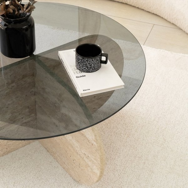 Table basse Bubble Ø75 cm - Travertin/verre fumé Table basse Bubble Ø75 cm - Travertin/verre fumé