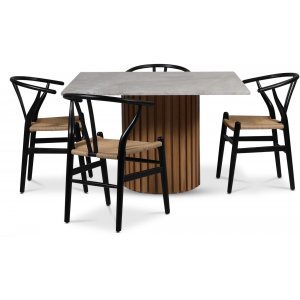 Sumo eetgroep 120x120 cm incl. 4 Brandon zwarte eetkamerstoelen - Geolied eiken / Zilvermarmer