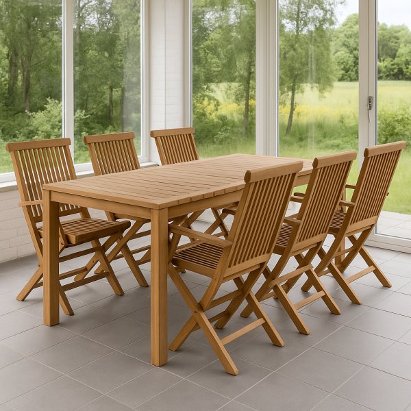 Utegrupp: 6 stolar och matbord 210 x 90 cm teak - Salt