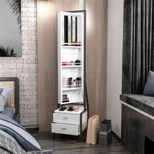 Elegante helkroppspegel med frvaring - Vit