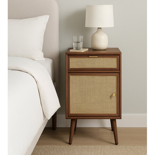 Nachtkastje walnoot/rotan 71 cm hoog